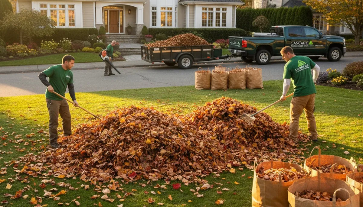 Professional yard crew performing fall leaf cleanup on residential lawn in Bellevue, WA