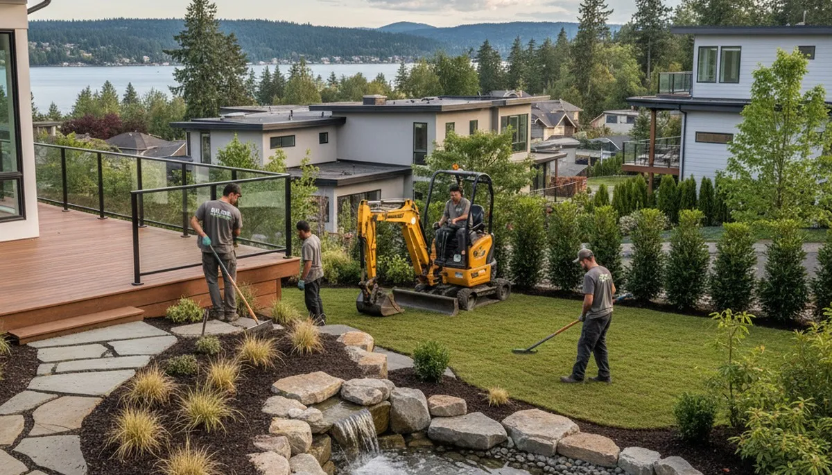 Bellevue, WA landscaping service maintaining a neatly trimmed residential lawn and shrubs