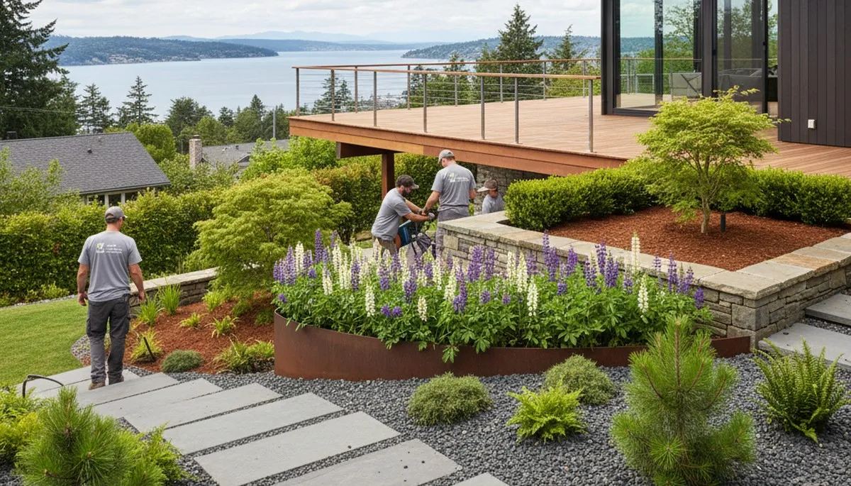 Bellevue, WA landscaping crew providing professional lawn care for a residential yard