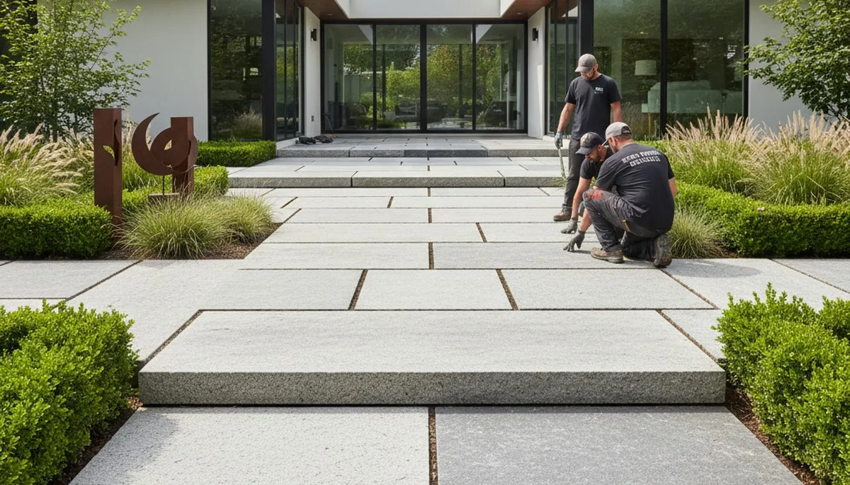Large format stone slab installation by Chop Chop Landscaping in Bellevue, WA showcasing modern hardscaping.