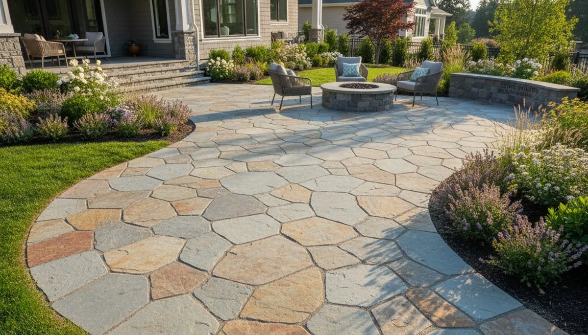 Flagstone patio with natural slate pavers expertly installed by Chop Chop Landscaping in Bellevue, WA