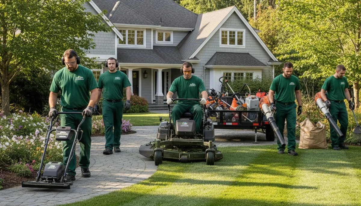 Professional lawn mowing and edging team providing residential lawn care in Bellevue, WA