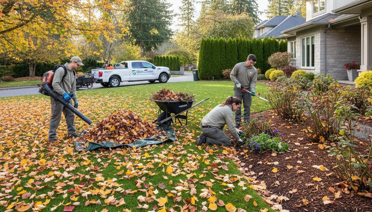 Technician using leaf blower for professional lawn cleanup and debris removal in Bellevue, WA