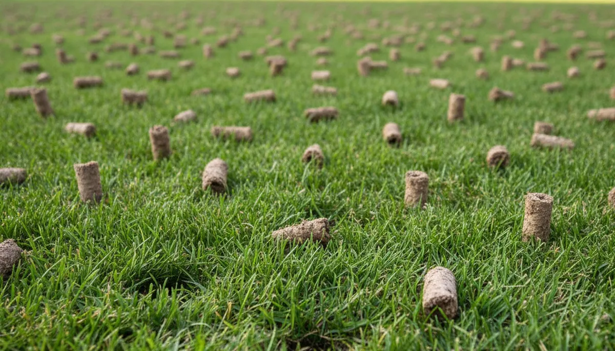 Close-up of soil core plugs after lawn aeration by Chop Chop Landscaping in Bellevue, WA