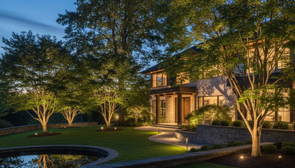 Tree uplighting at night in Bellevue, WA showcasing professional landscape lighting by Chop Chop Landscaping